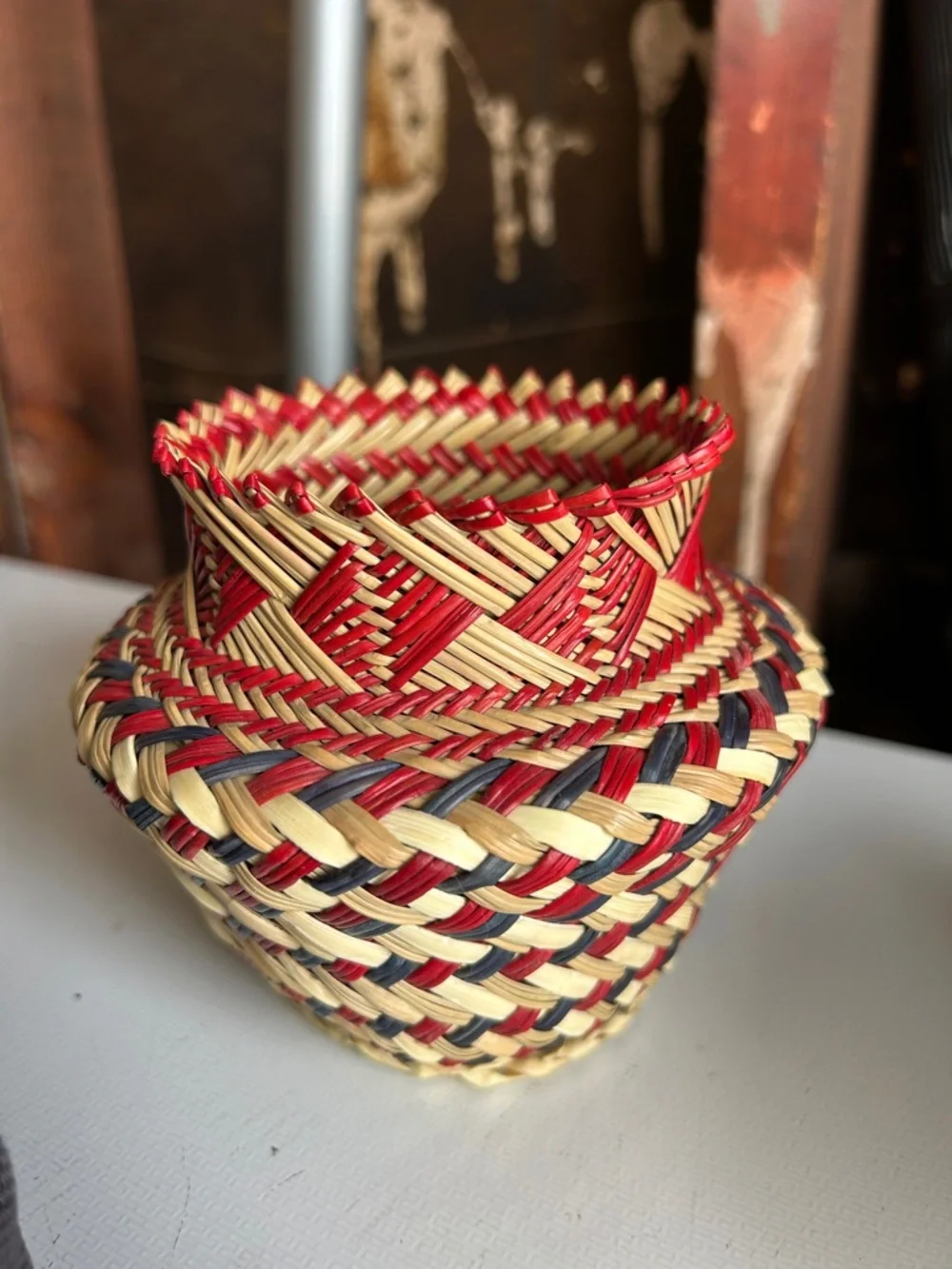Handwoven Mini Decorative Basket Red & Natural Geometric Woven Bowl